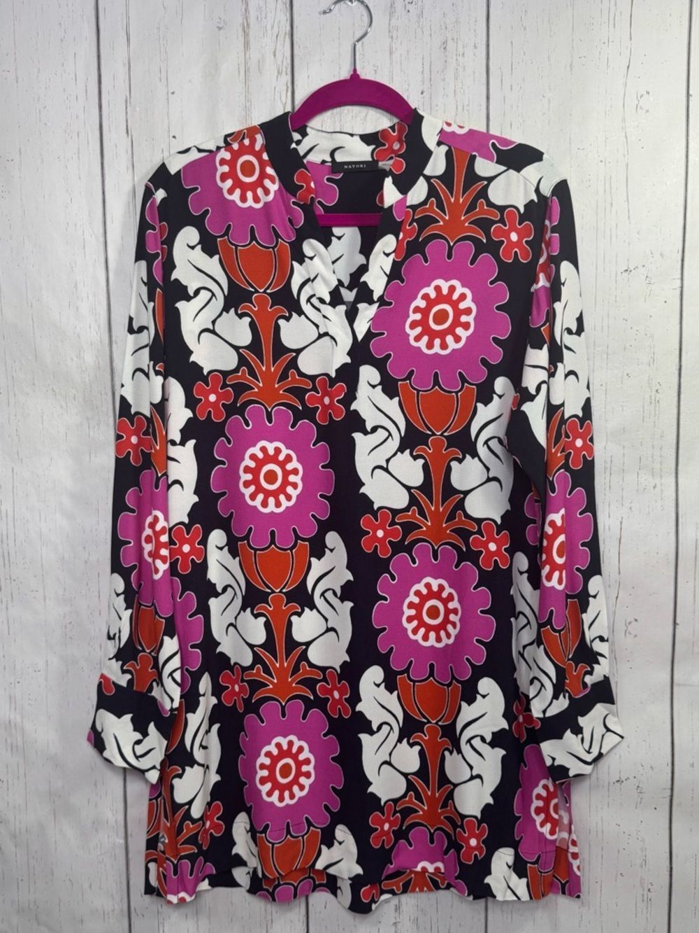 Natori Floral Abstract Tunic Top Pink Red Black Long Sleeve Boho Size S V Neck
